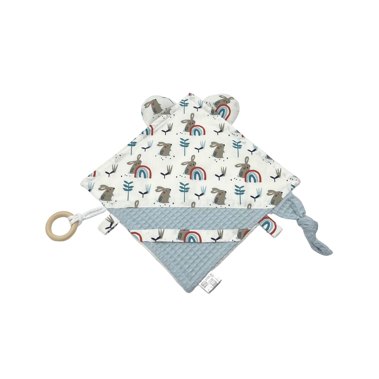 Doudou sensoriale in cotone stampato e spugna di bambù - Conigli arcobaleno blu