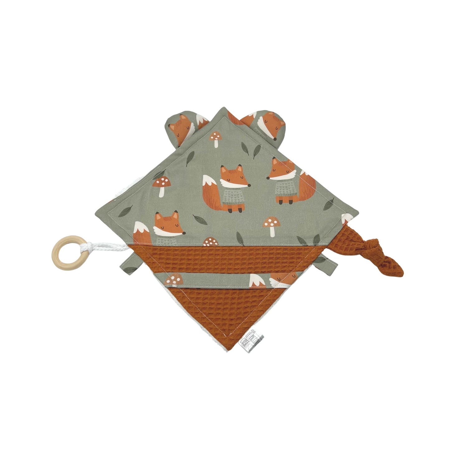 Doudou sensoriale in cotone stampato e spugna di bambù - Volpe Olivia