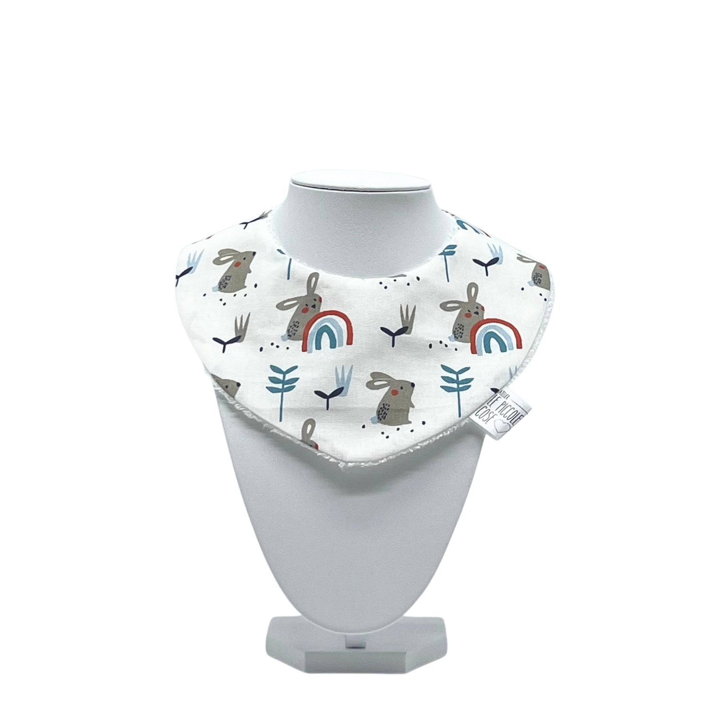 Bavaglino in cotone stampato e spugna di bambù - Conigli arcobaleno blu